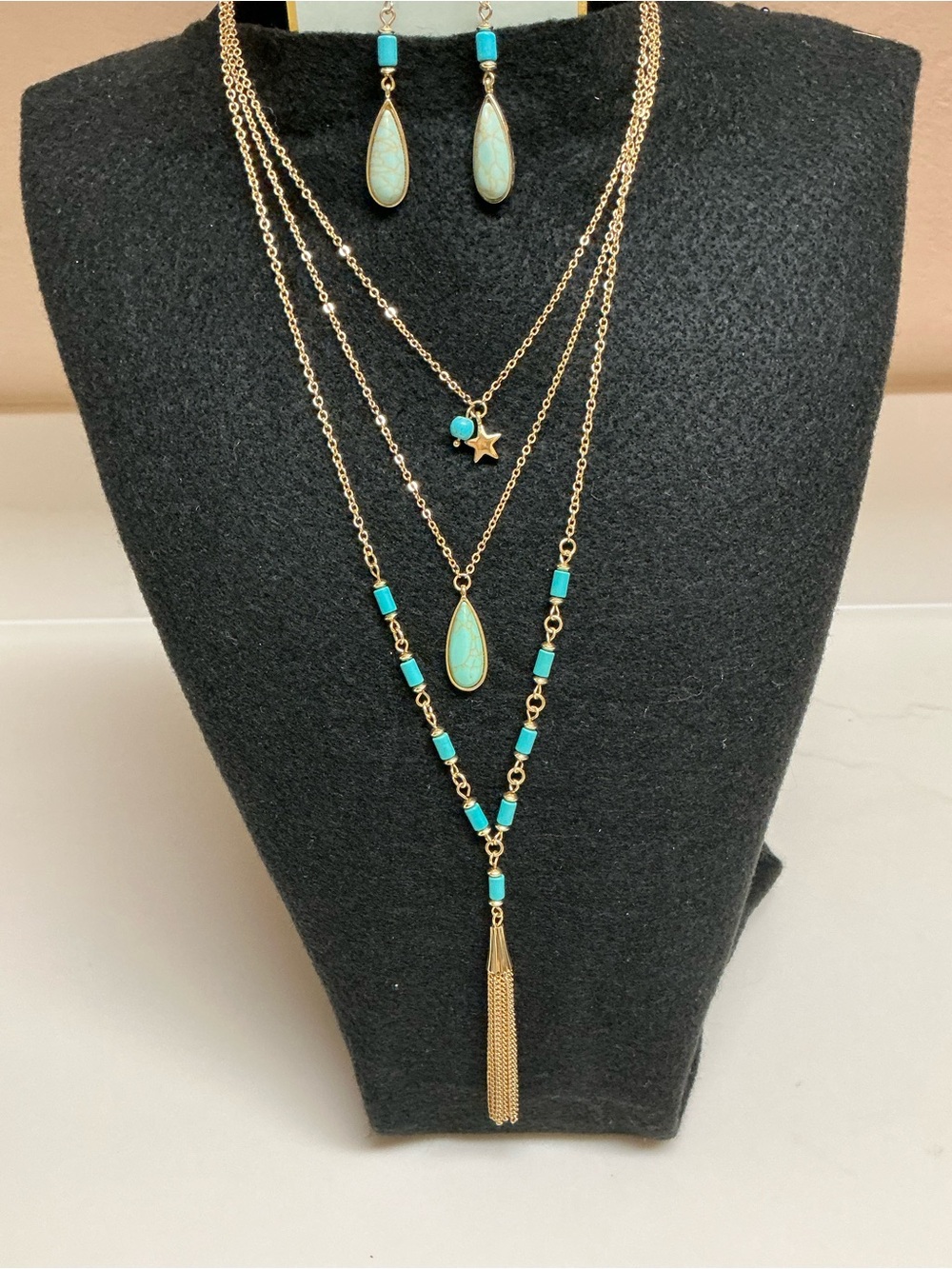 Spring Street Gold-Tone Layered Necklace & Earring Set with Turquoise Accents